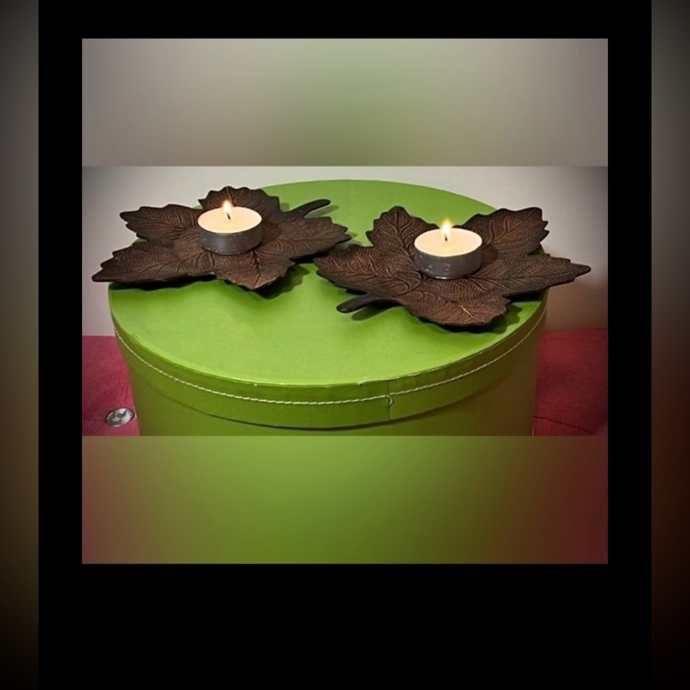 Vintage Pair Maple Leaf Metal Candle Holder Plates in Cooper Color 5.75” x 6.65”